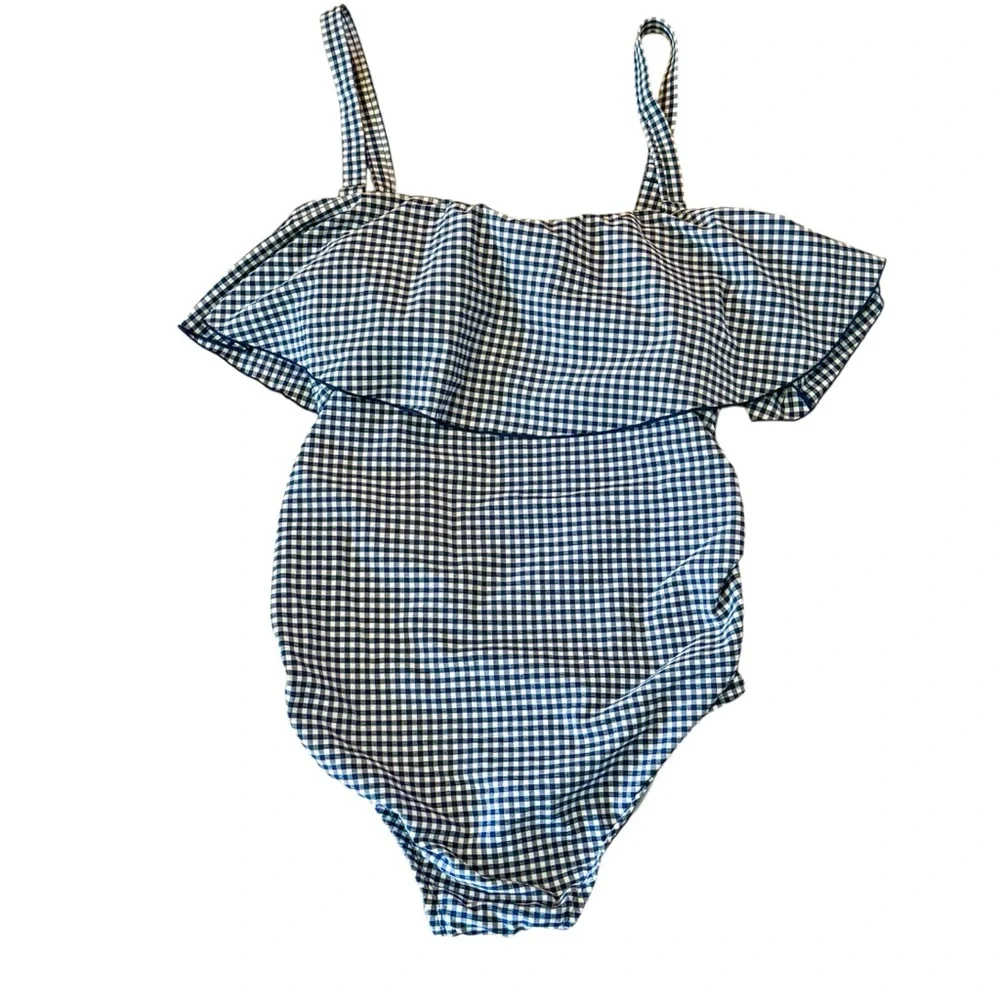 Kona‎ Sol Ruffle Seersucker Swimsuit Woman Plus 20W Removable Strap Blue Gingham